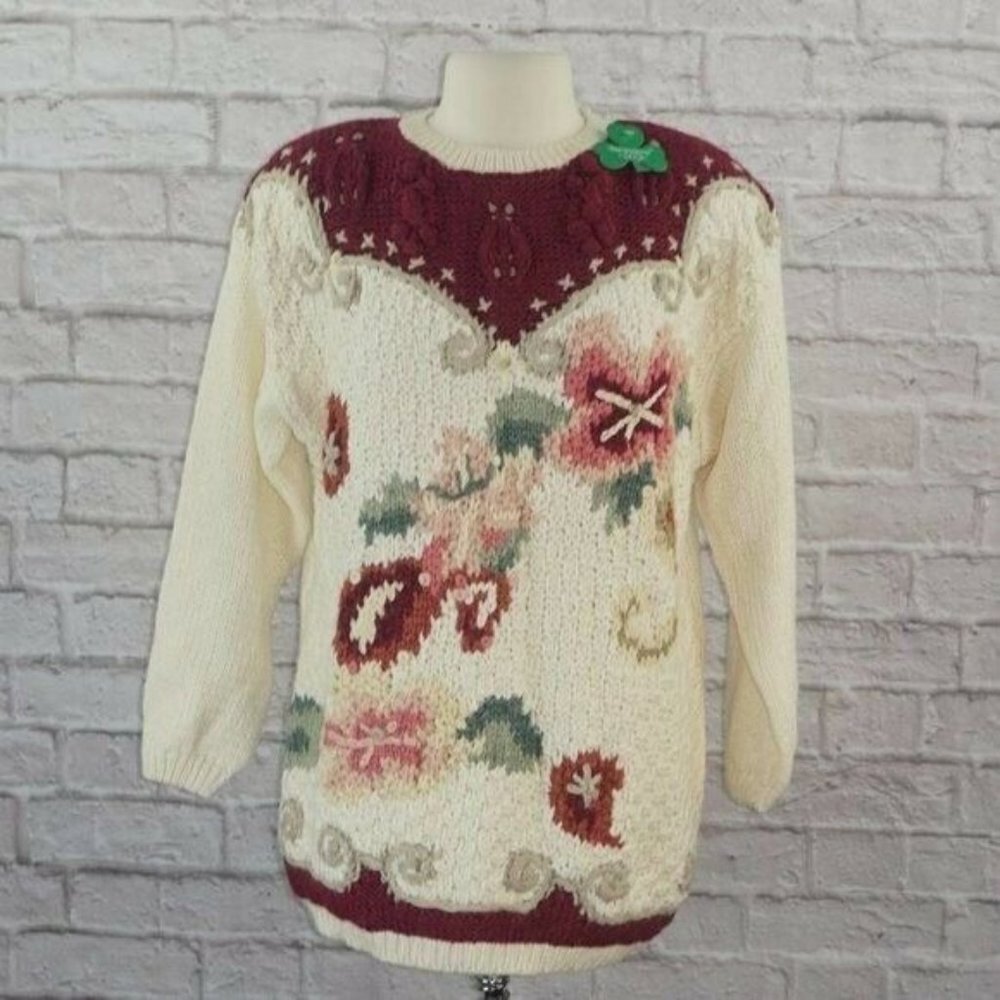 Vintage 80s Cottagecore Floral Handknit Sweater Medium New